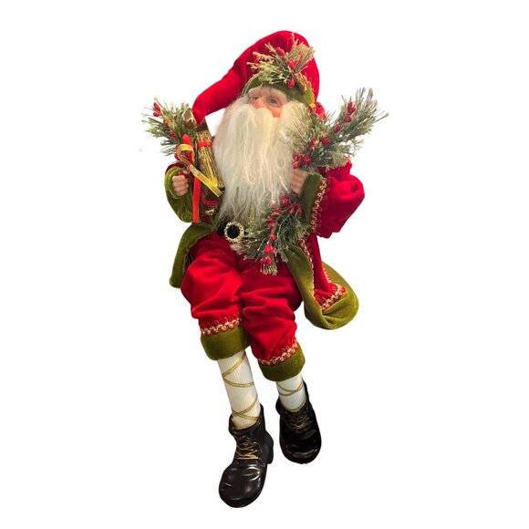 Victorian Style Santa Shelf Sitter/Mantle Decor Weighted  Red & Green Velvet - Picture 2 of 6